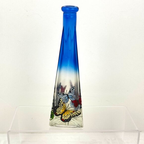 Joan Baker Designs Vtg Cobalt Art Stained Glass Bud Vase Butterflies Faith Hope - Picture 5 of 10